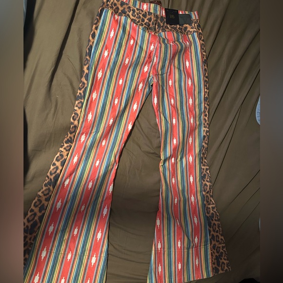 Lucky & Blessed Denim - NWT Lucky & Blessed Multicolor Striped Flare Jeans with Leopard Trim